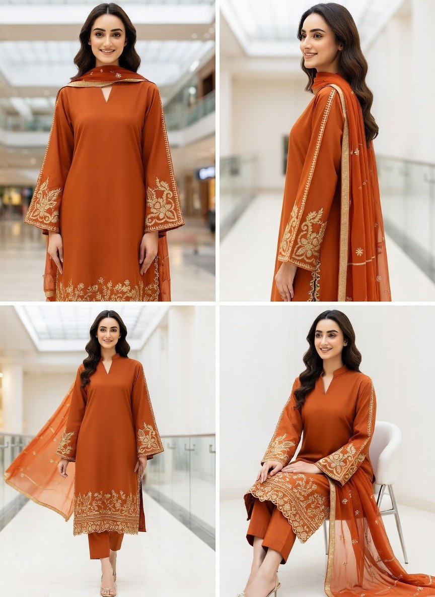 Orange Embroidered 2 Pcs Lawn Suit