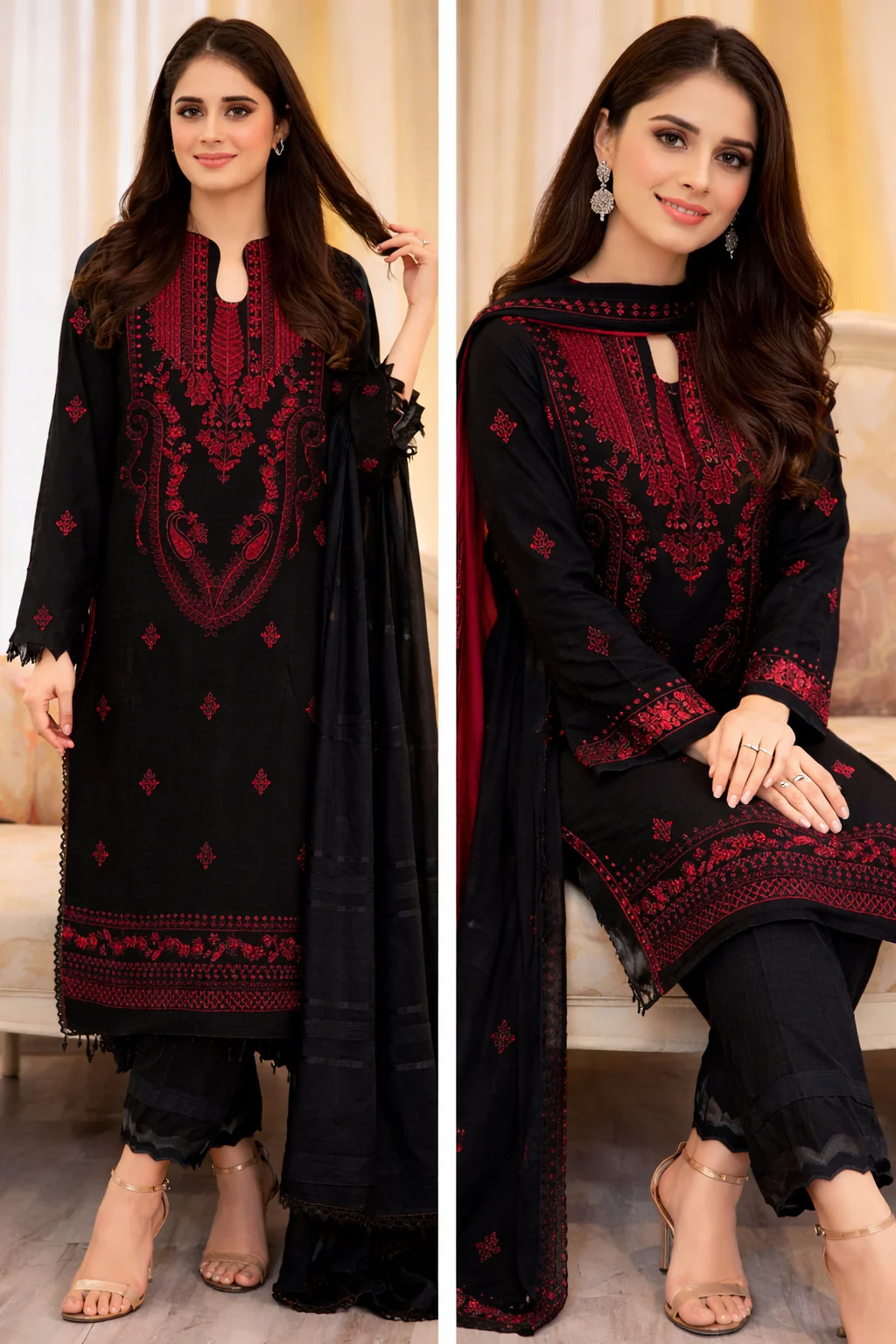 Buy black embroidered 3 piece lawn suit