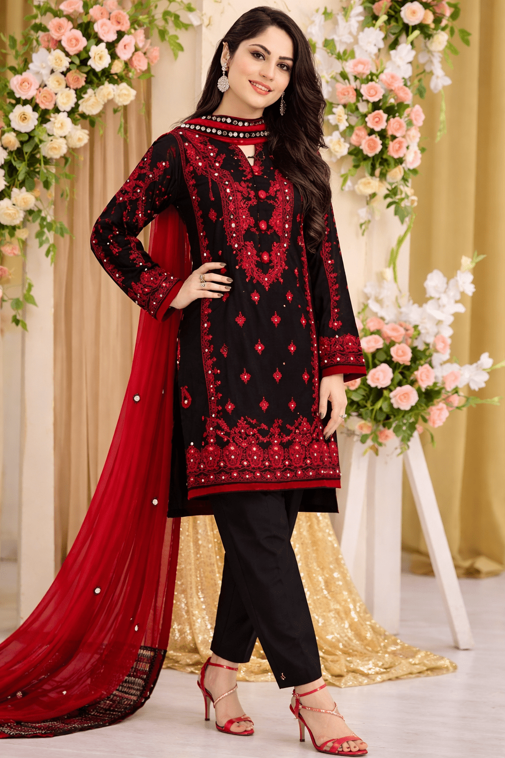 black embroidered women 3 piece suit