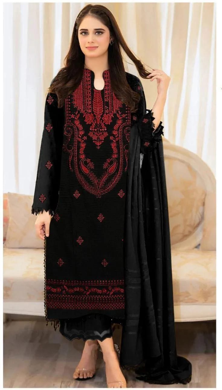 Black Embroidered 3 Pcs Women's Lawn Suit