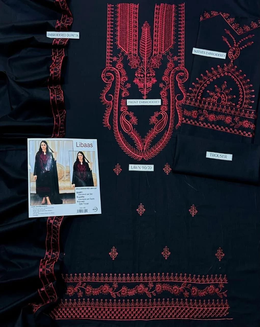 Black Embroidered 3 Pcs Women's Lawn Suit