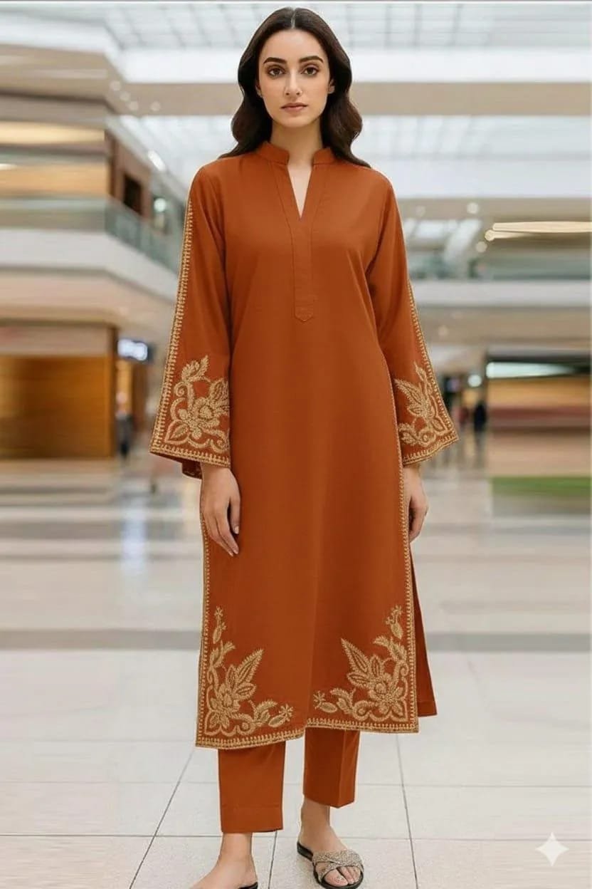 Orange Embroidered Lawn 2 Piece Suit for Women