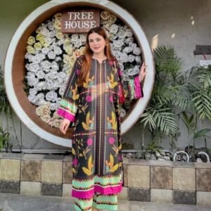 2 Pcs Women Khaddar Printed Shirt & Trouser Black